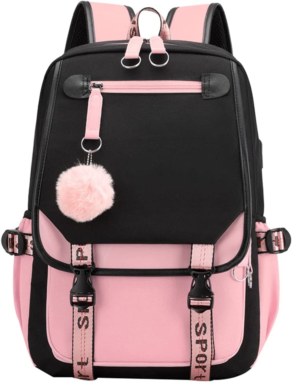 outdoor backpack with 21 liter charger port, black and pink