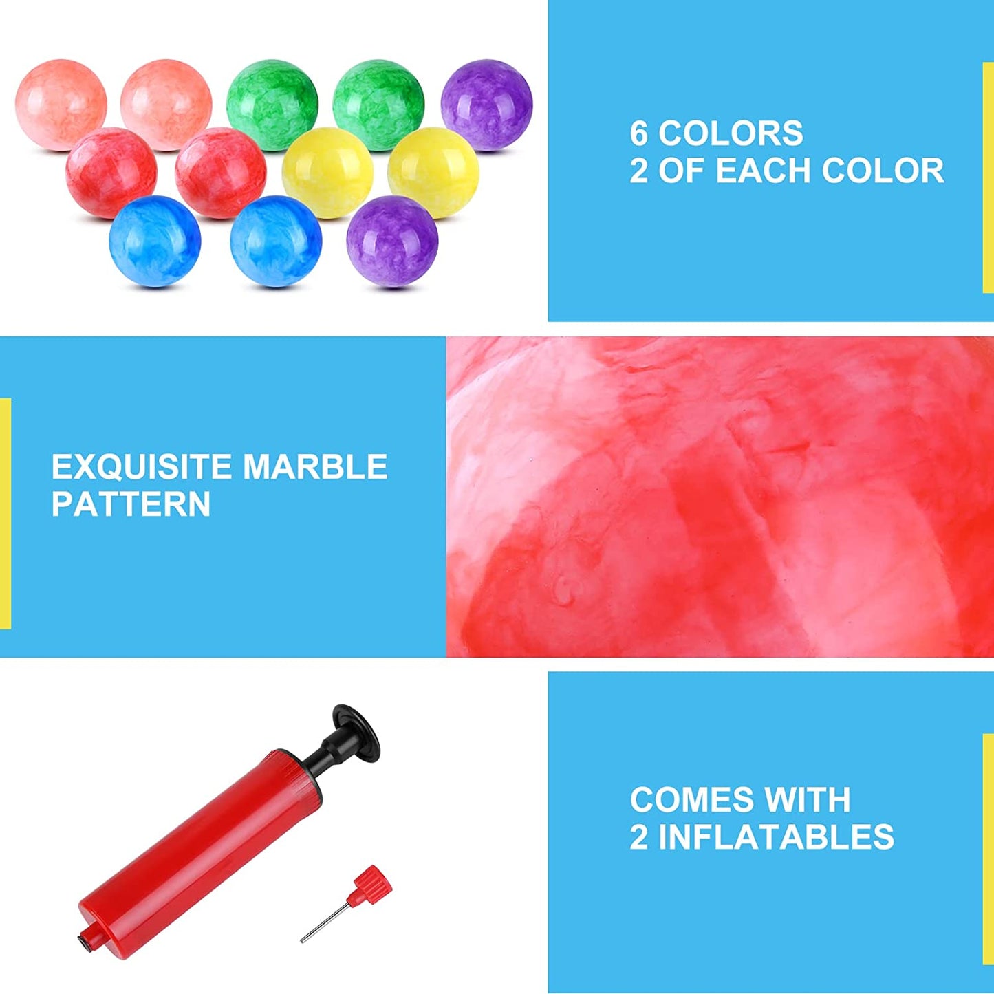 12 inflatable 9-inch balls and 2 hand pumps