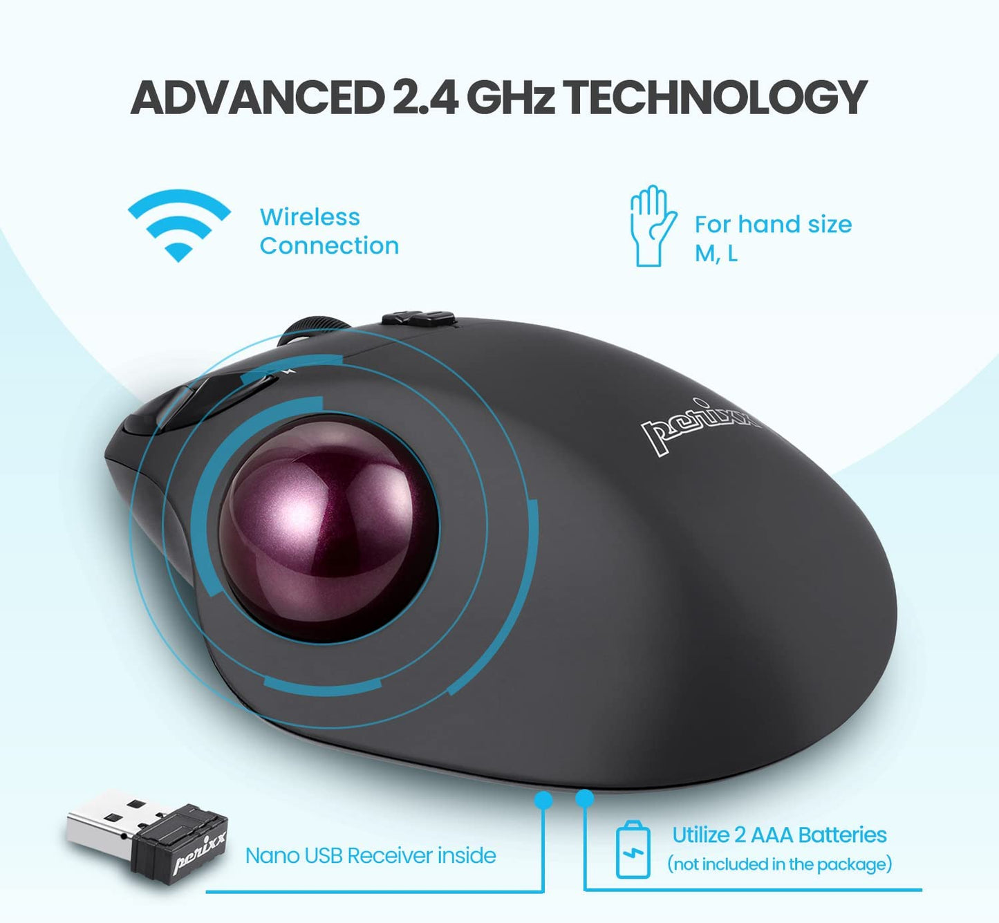 Wireless Trackball Mouse, 5 Buttons, 2 DPI Level, Black