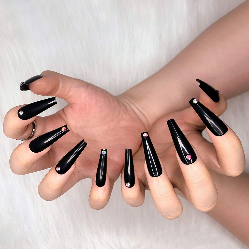 24pcs Black Ballerina Diamond Long Coffin Glossy Fake Nails