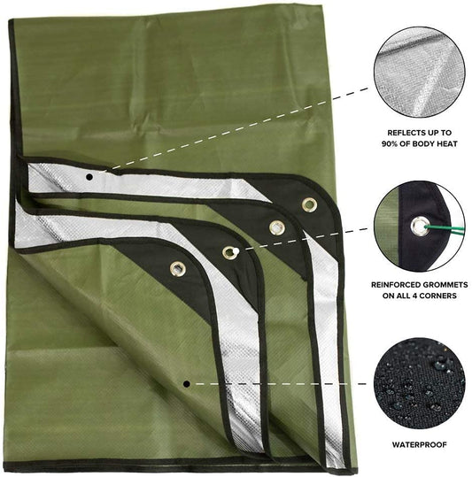 Thermal Survival Blanket, Reflective, 60" x 82" (Olive Green)