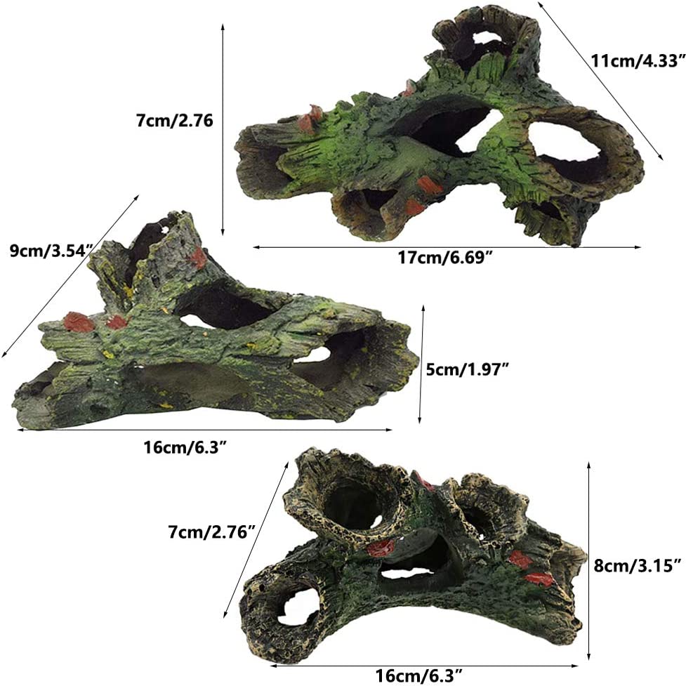 Decaying log aquarium decoration made of resin, 3pcs