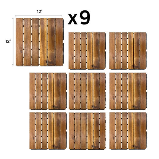 12"×12" Interlocking Acacia Wood Tiles, 9 pcs (Straight Oak)