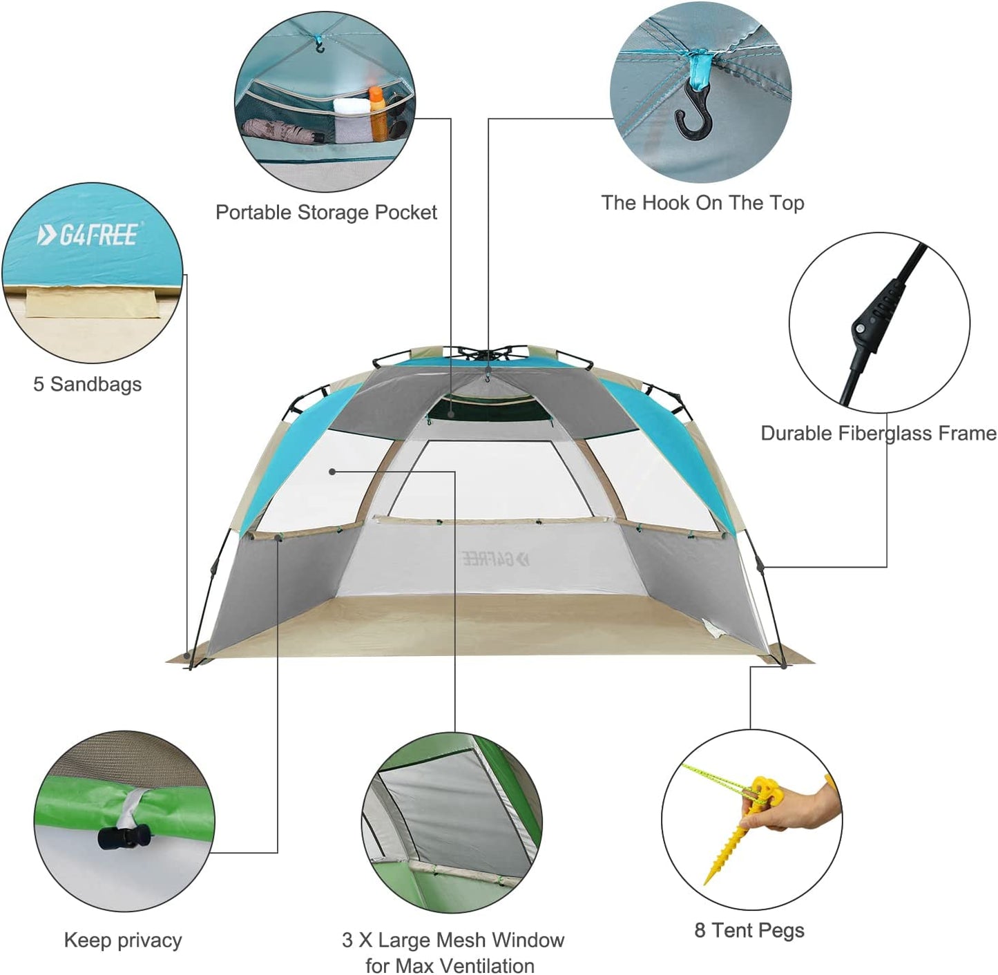 Easy set up beach tent for 3-4 people, Lake Blue