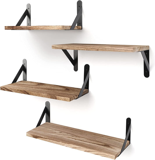 Set of 4 Rustic Wood Floating Wall Shelves (Charred Black)