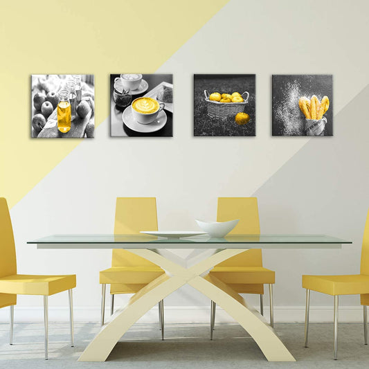 Decor Canvas prints, 4 pcs (black and white, yellow paint, 12x12)