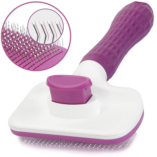 Self-cleaning pet brush, removes undercoat, purple