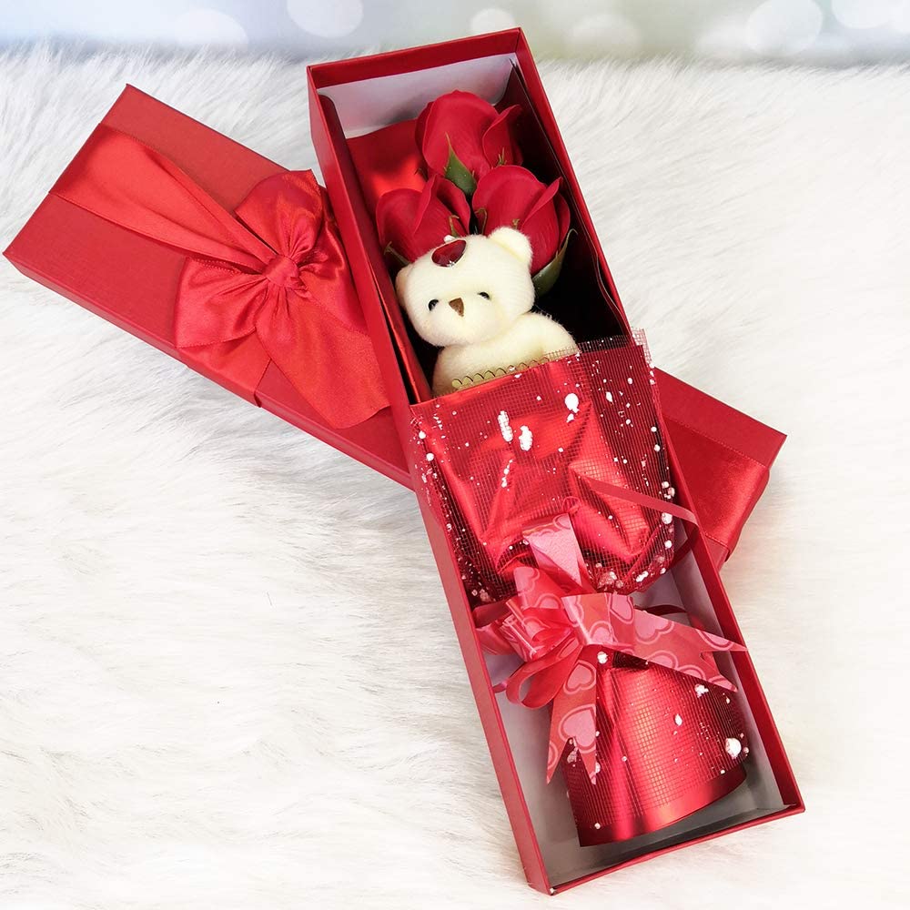 Gift box with cute teddy bear with 3 scented soap roses