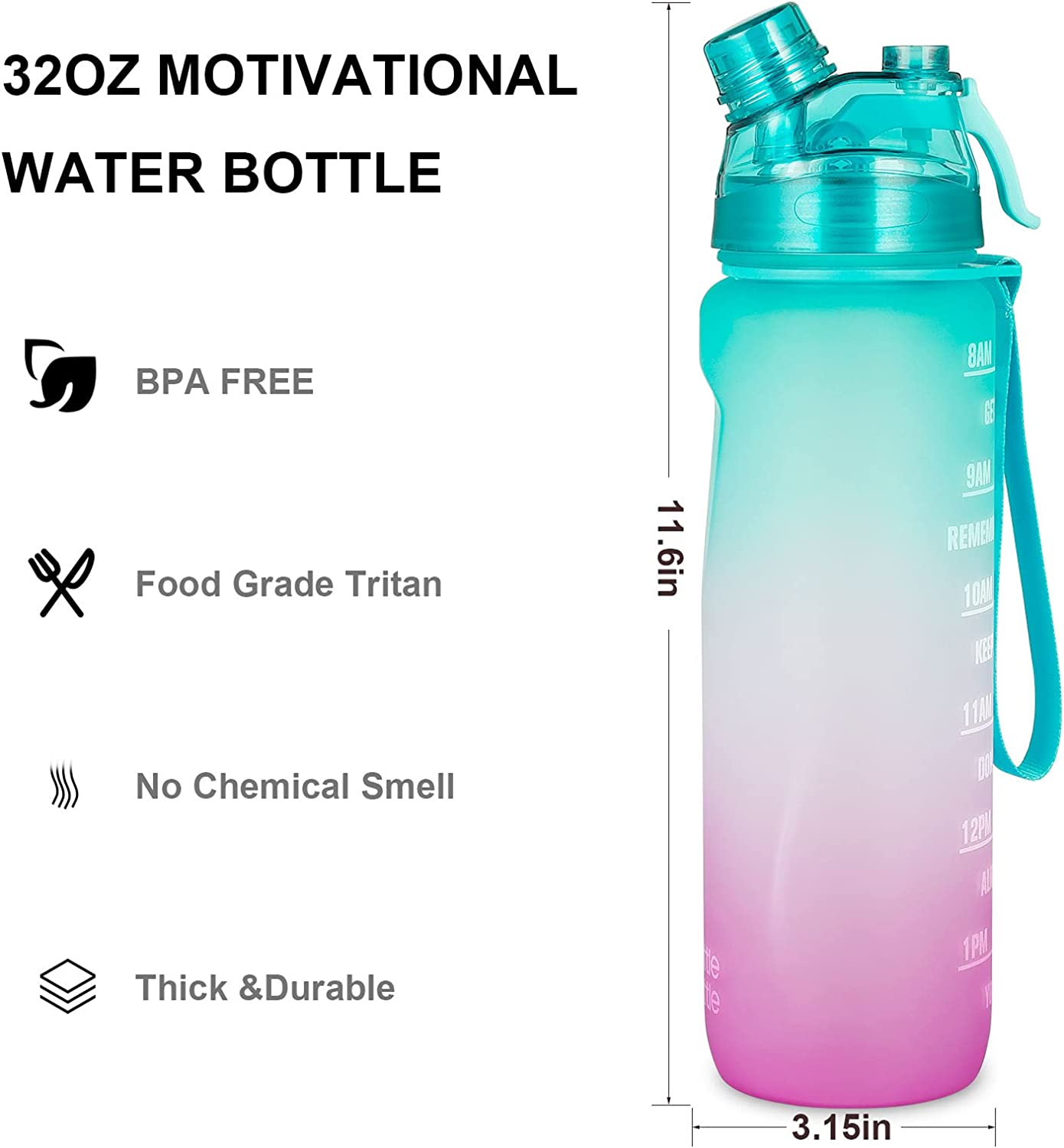 32oz Motivational Water Bottles with Time Marker (Green purple)