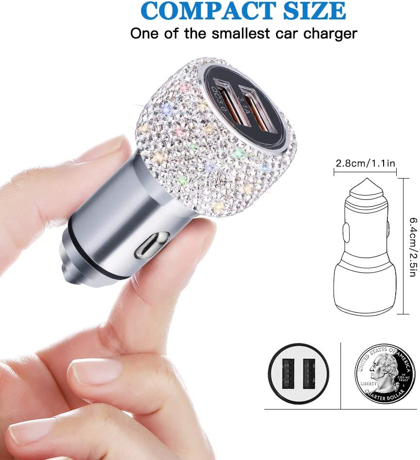 Car charger 3.0, with crystal rhinestones, (color: White)