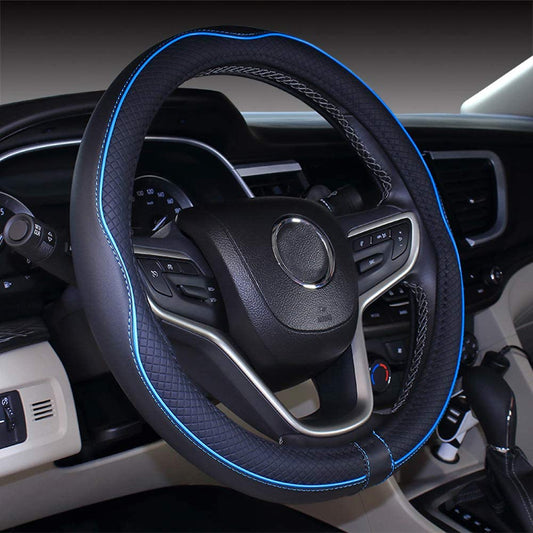 Microfiber Leather Medium Car Steering Wheel Cover (Black Blue)