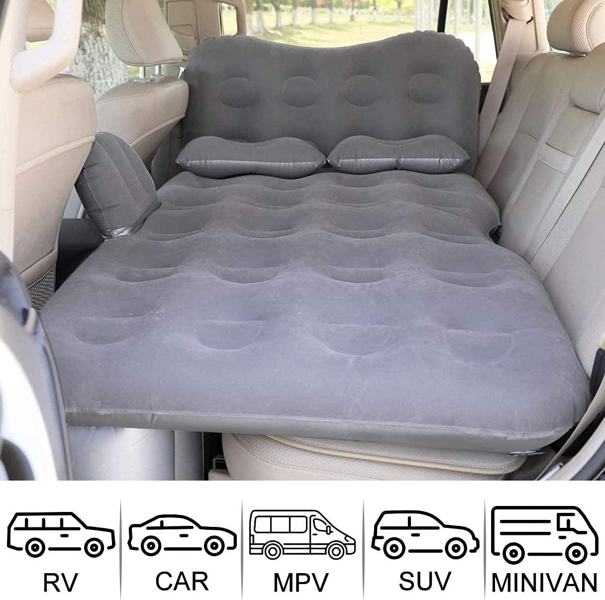 Inflatable car air mattress, electric air pump, 2 pillows, Grey