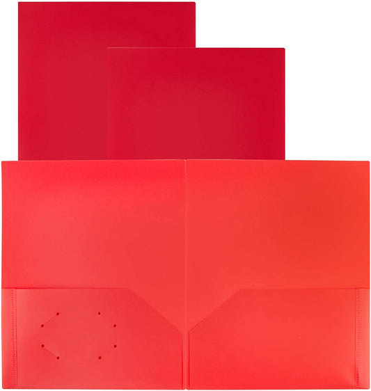 Plastic Folders With Pocket, 3-Pack (Red)