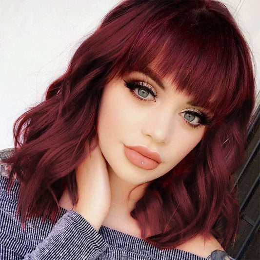 Curly wine red wig with bangs