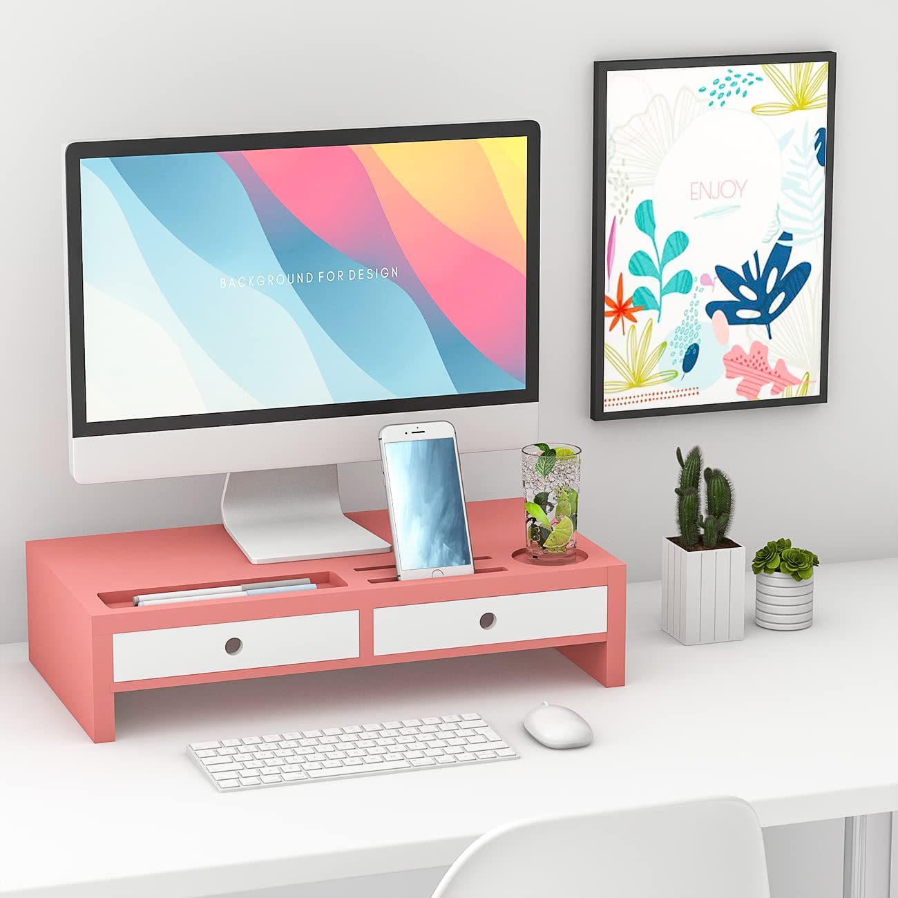 Desk Organizer with Monitor Stand and Drawers (Pink, White)