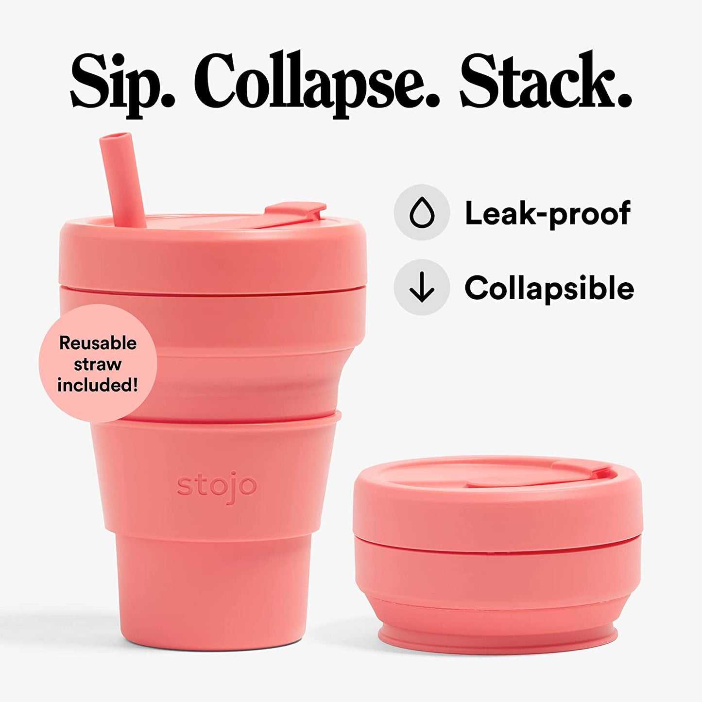 Collapsible silicone cup with straw, Color: Coral, 24 oz