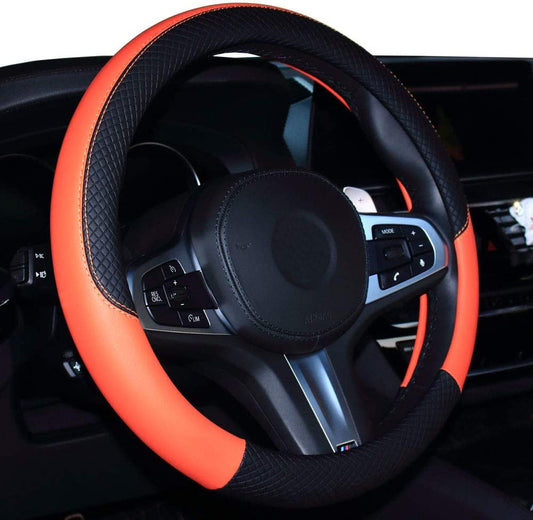 Leather Car Steering Wheel Cover, Universal Fit (Black Orange)