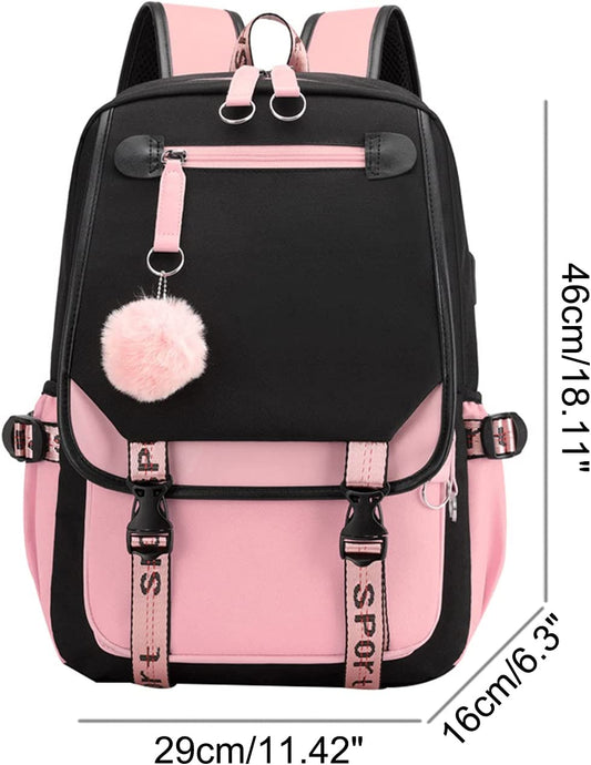 outdoor backpack with 21 liter charger port, black and pink