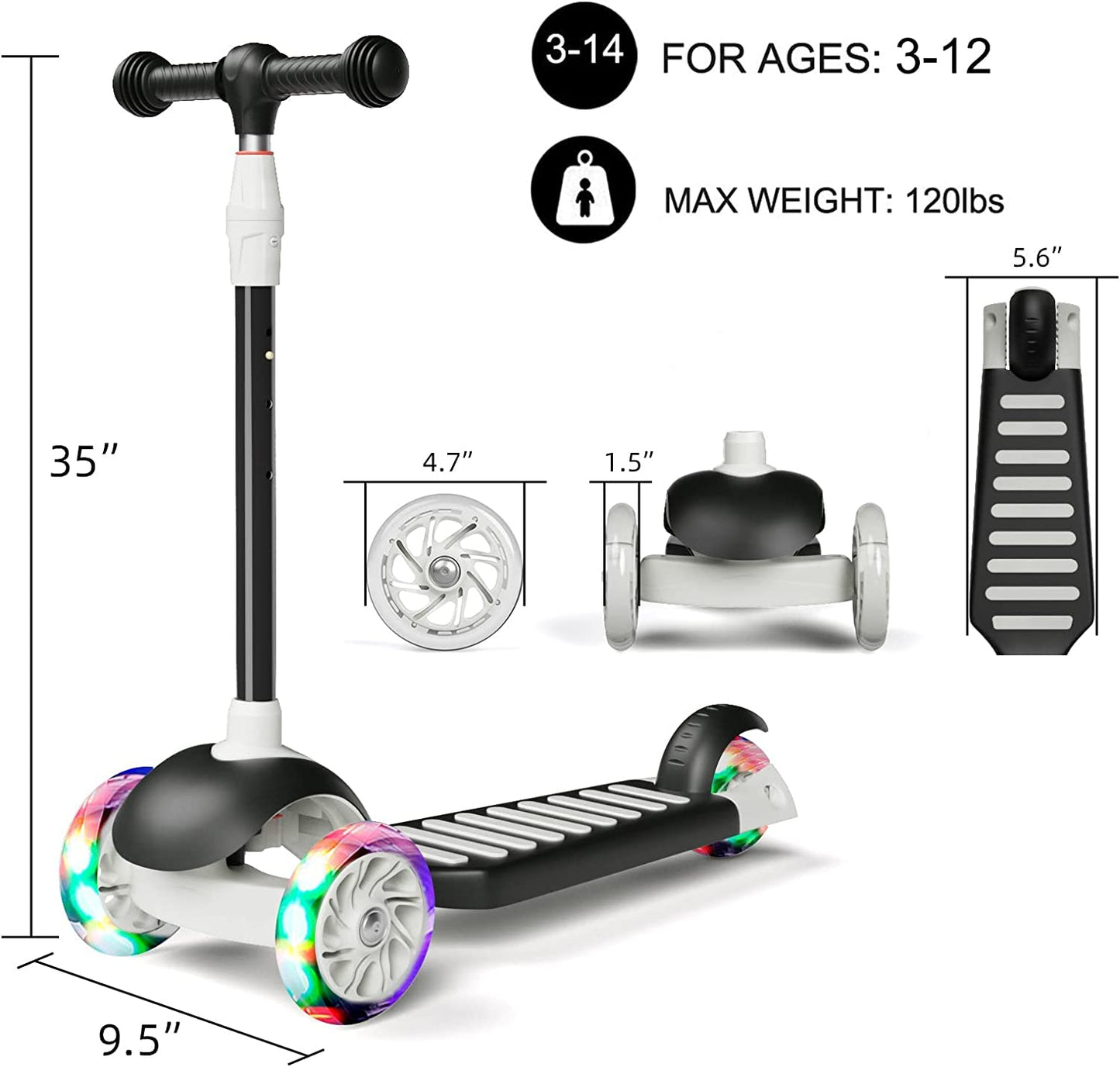 scooter with light up wheels for children color: black