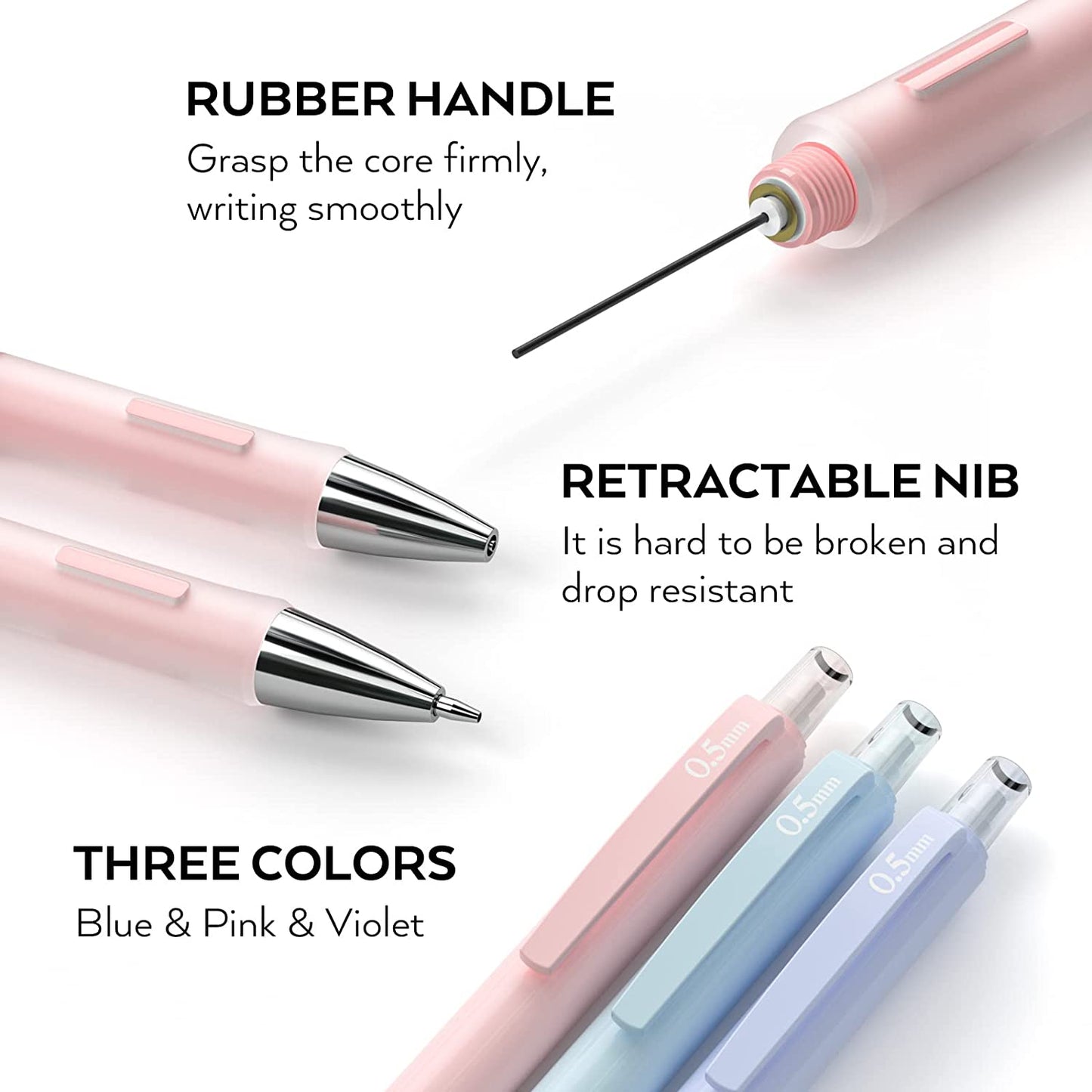 3 pastel mechanical pencils, 0.5 mm