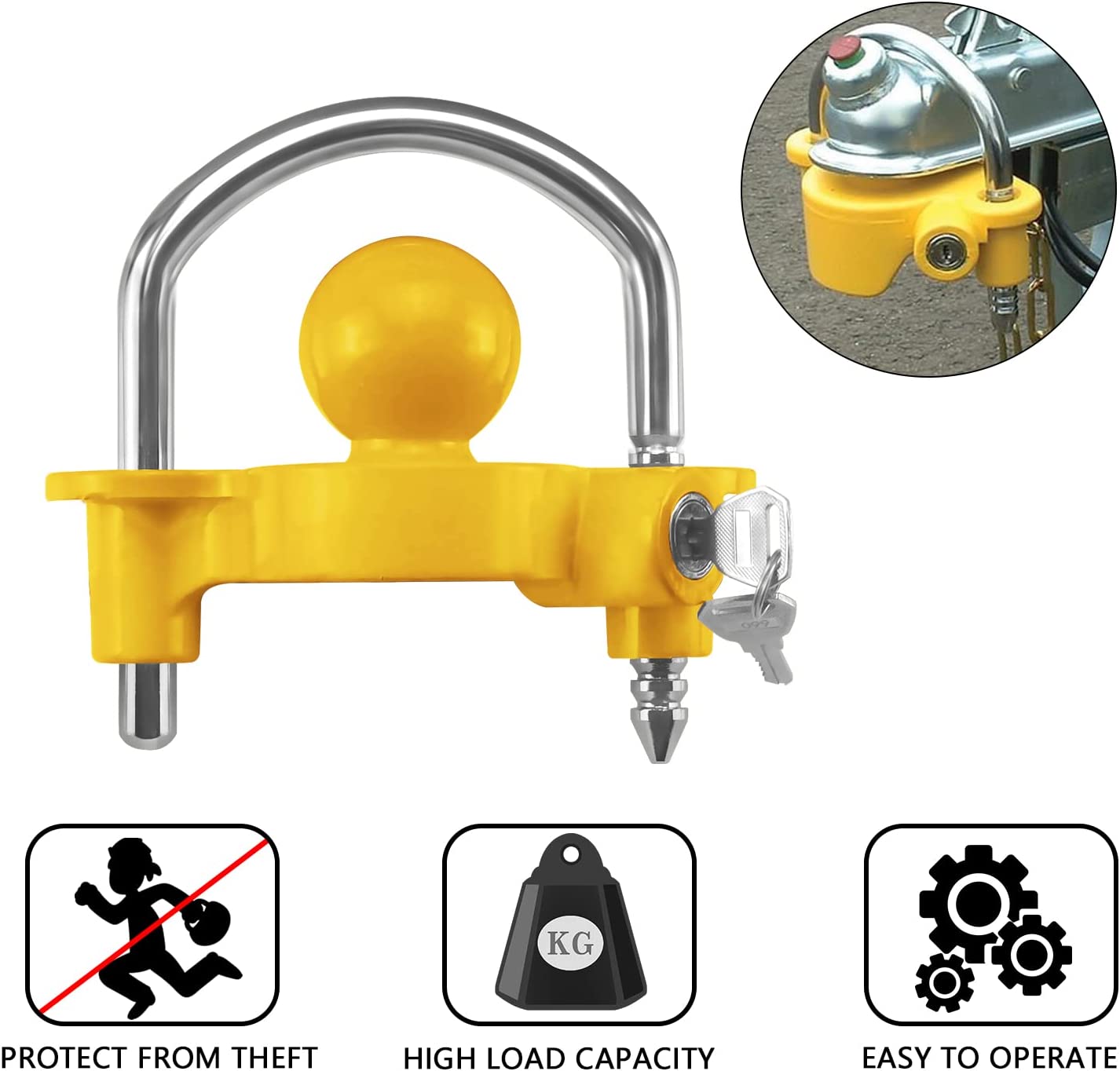 Universal Fit Trailer Coupler Ball Lock, (Yellow)