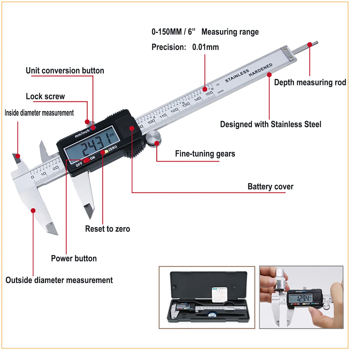 0-6 inch stainless steel digital caliper with large LCD display