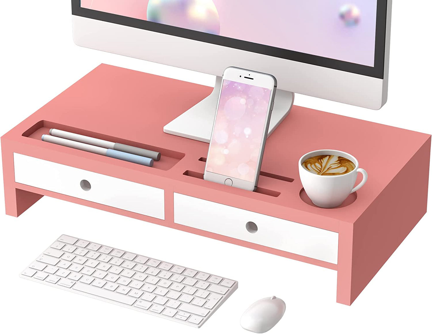 Desk Organizer with Monitor Stand and Drawers (Pink, White)