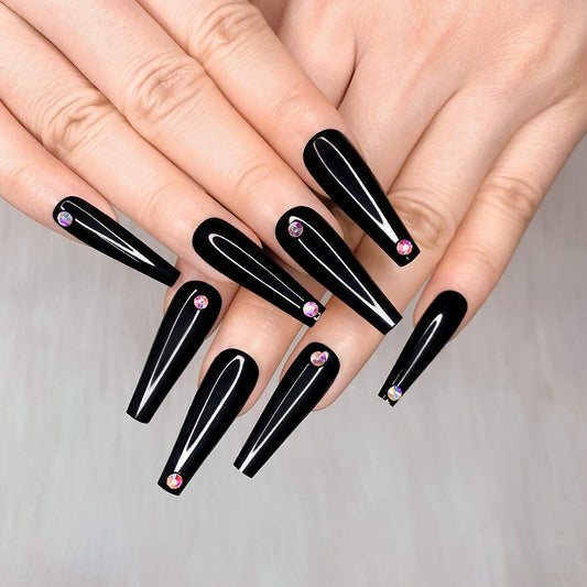 24pcs Black Ballerina Diamond Long Coffin Glossy Fake Nails