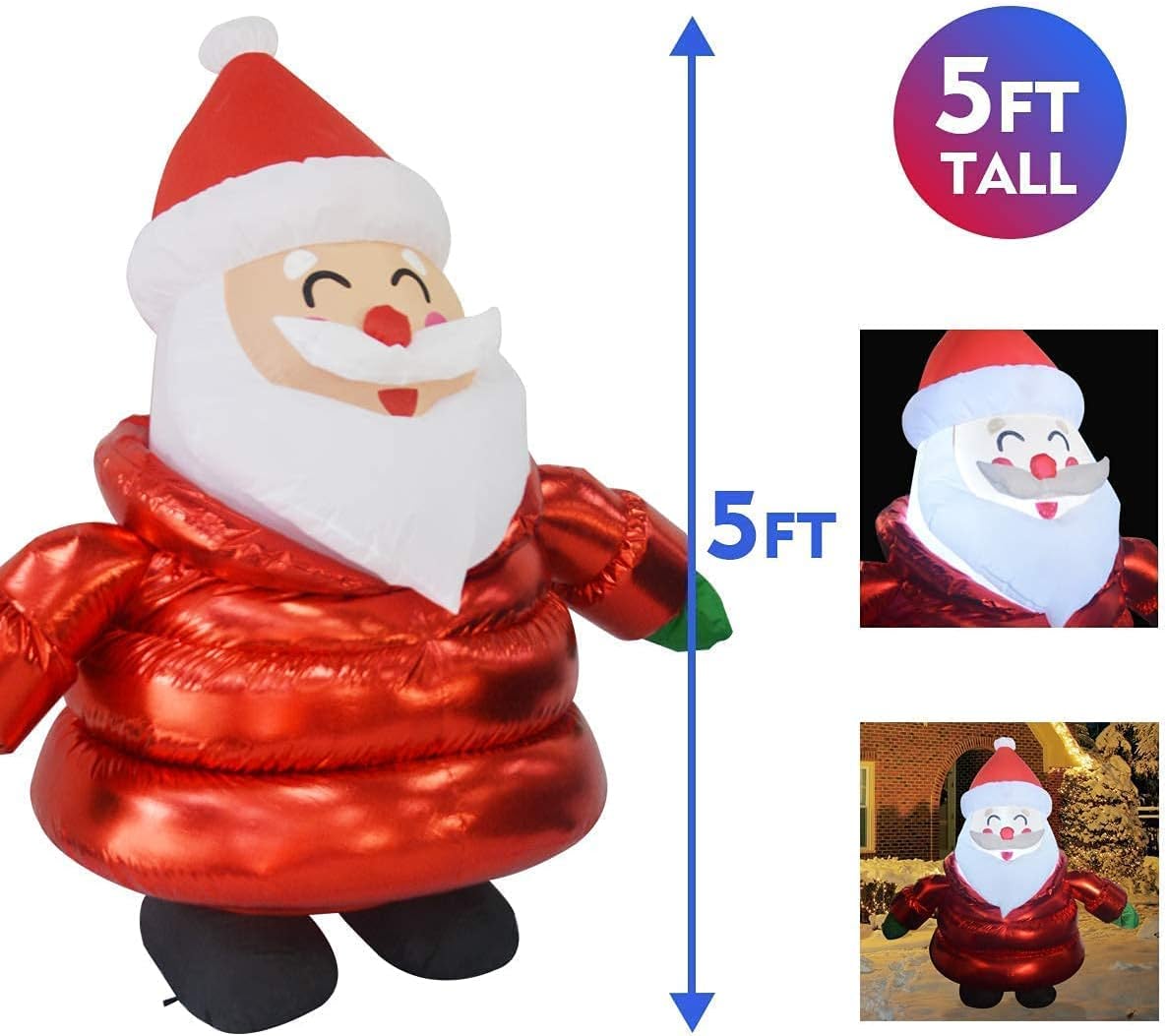 5ft Christmas Inflatable Smiling Santa Claus with Coat,LED Lights