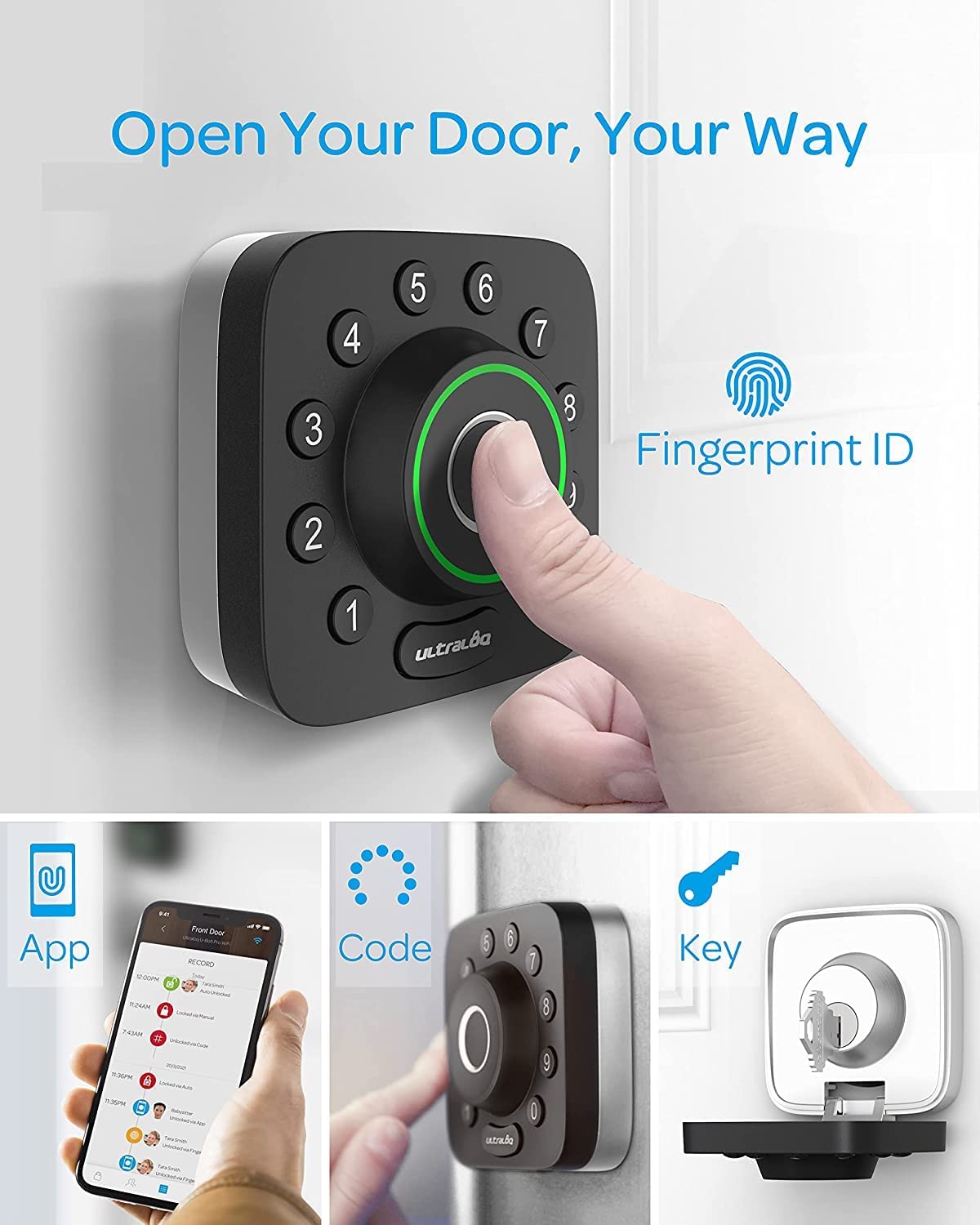 Smart door lock, with Bluetooth and biometric fingerprint.