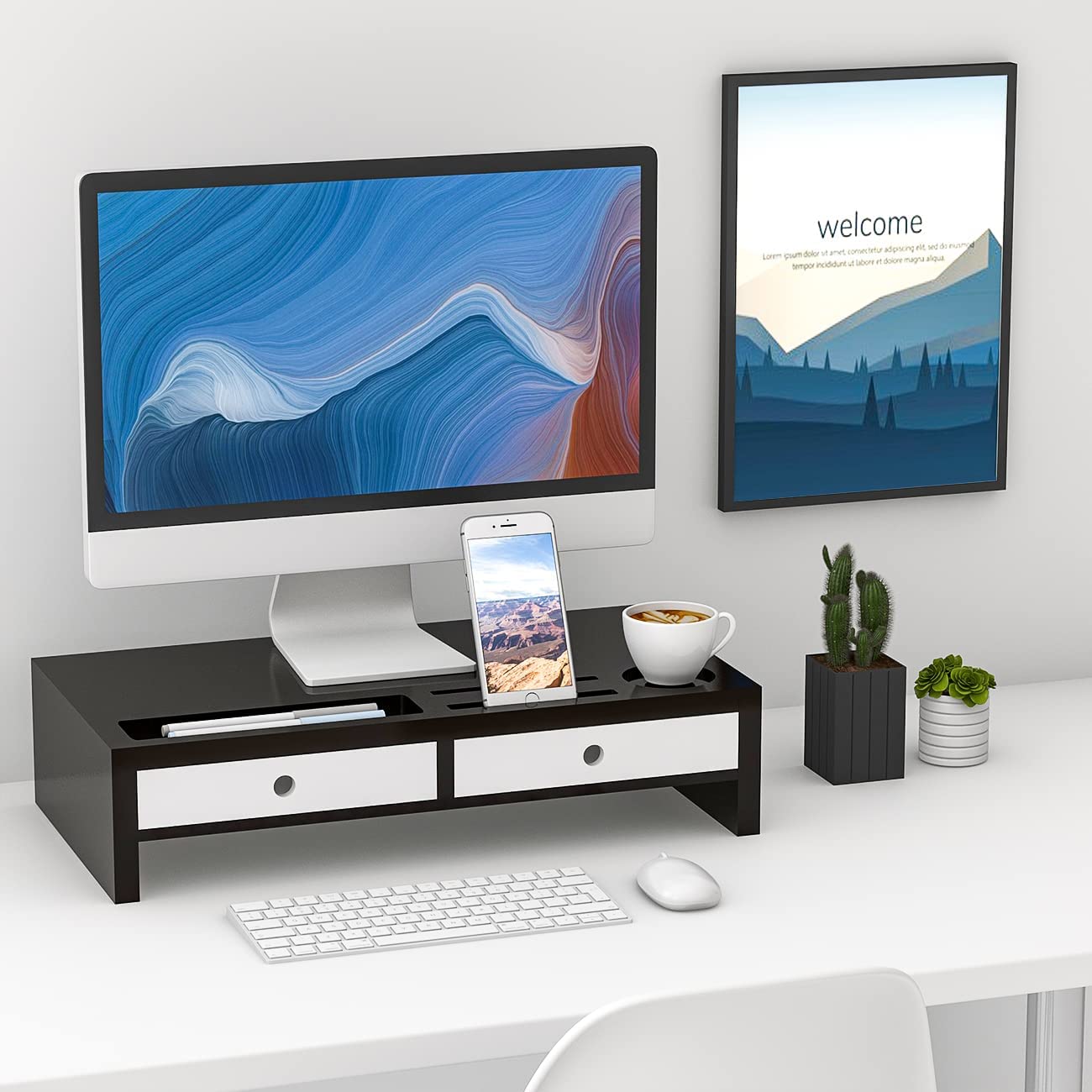 Desk Organizer with Monitor Stand and Drawers (Black, White)