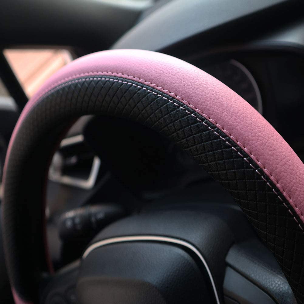 Leather Car Steering Wheel Cover, Universal Fit (Black and Pink)