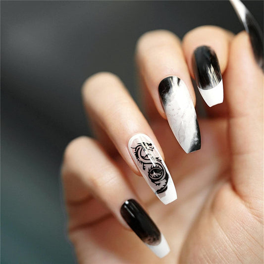 24Pcs Blooming Black White False Nails, Pattern Name: Dragon