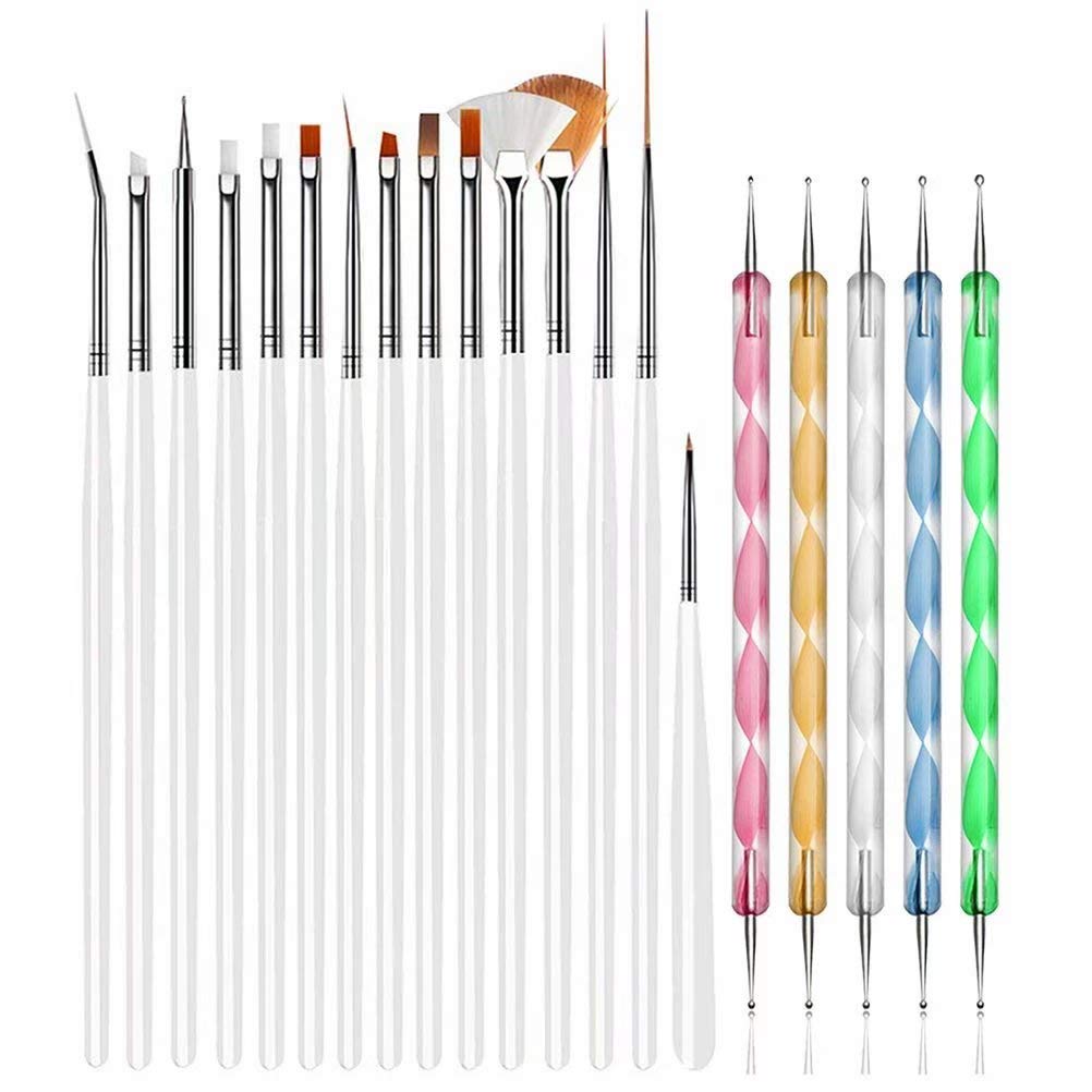 20 Nail Design Tools, 15 Paint Brushes with 5 Dot Pens, White