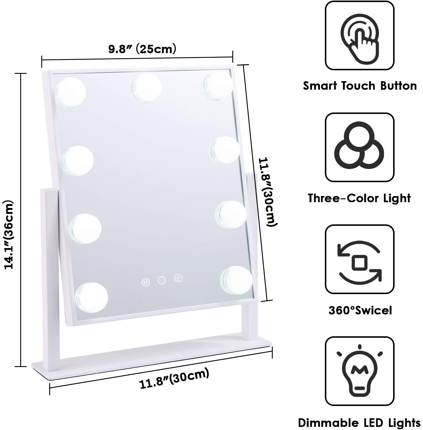 3-Light Illuminated Mirror, Touch Control Design, White.