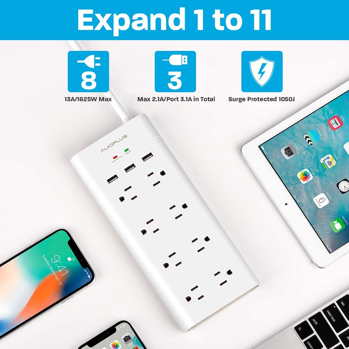 Power strip with USB, 8 outlets and 3 USB ports, white