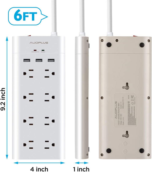 Power strip with USB, 8 outlets and 3 USB ports, white