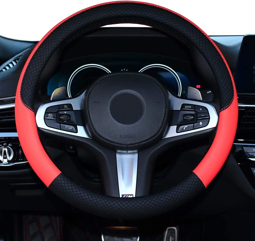 Leather Car Steering Wheel Cover, Universal Fit (Black with Red)