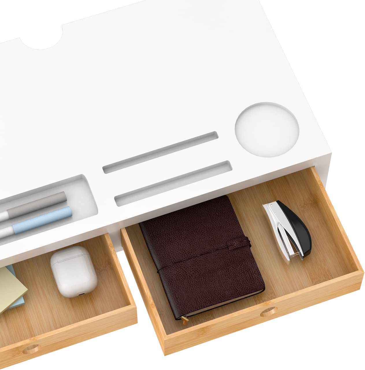 Desk Organizer with Monitor Stand and Drawers (White and Bamboo)