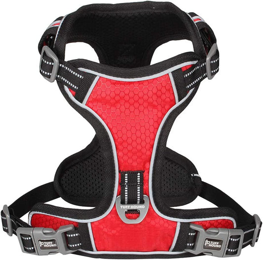 Pet harness, 2 metal rings and adjustable handle, Red Black