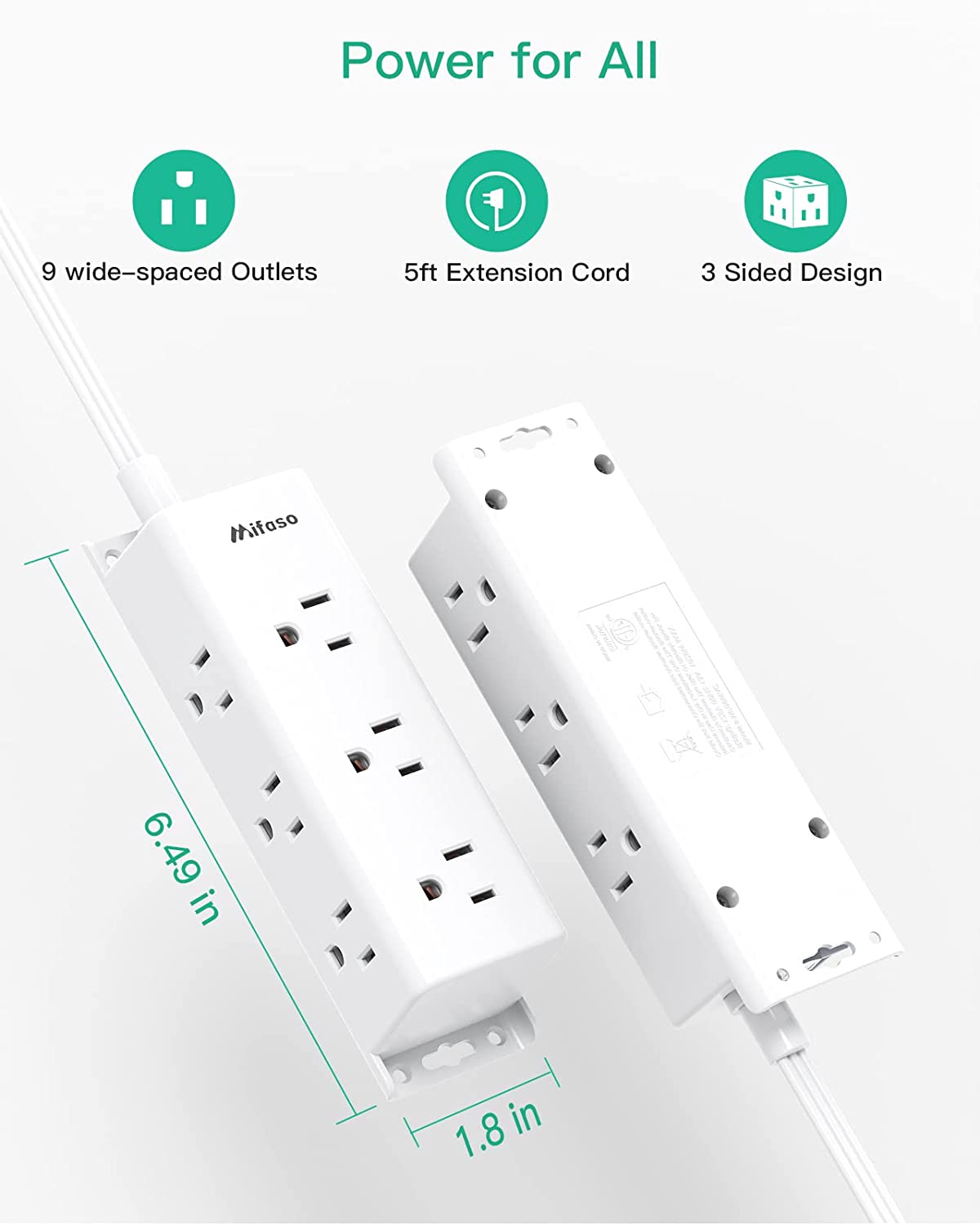 Electrical multi-socket with 9 spaced outlets, 5Ft Extension Cord