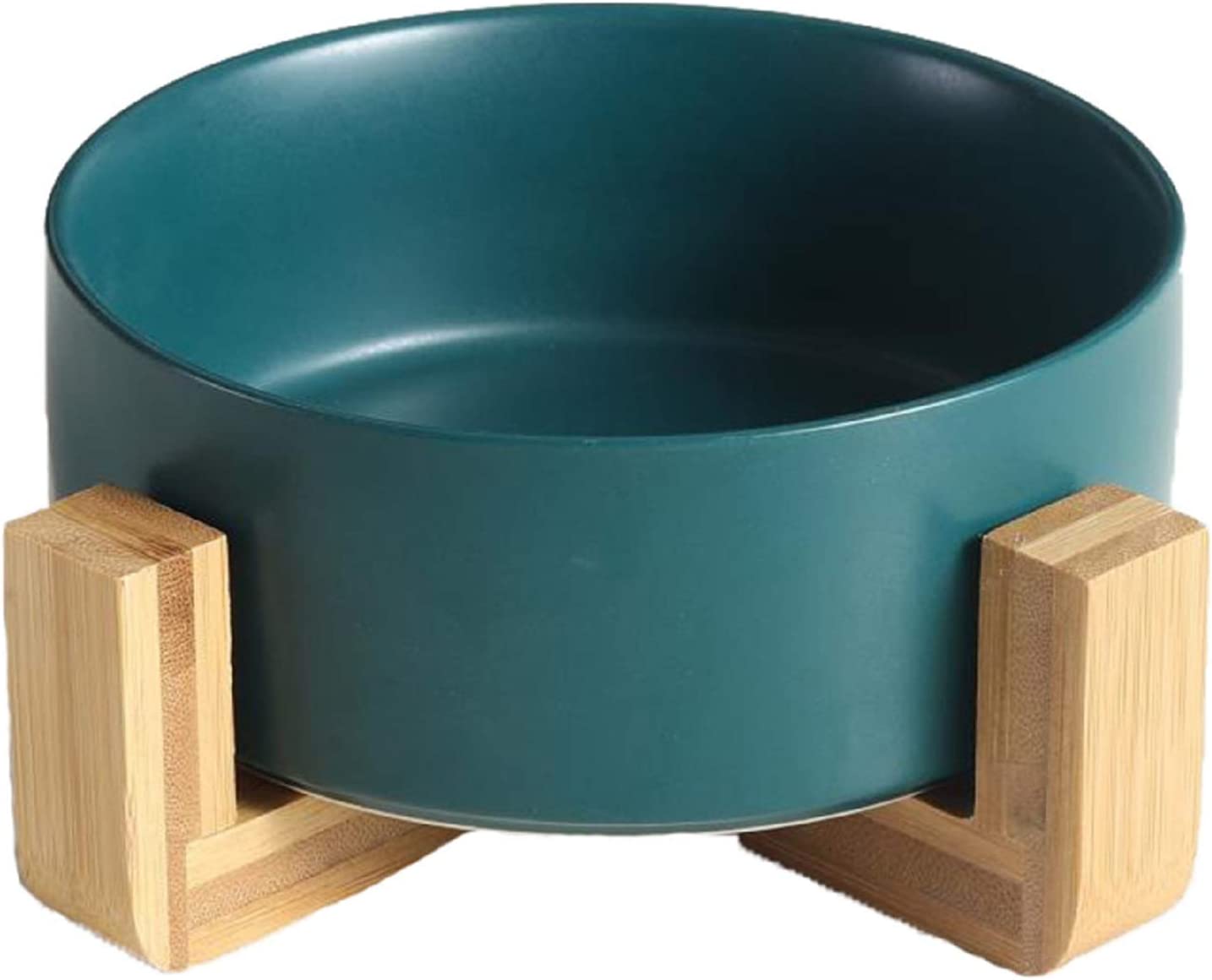 Round Ceramic Pet Bowl with Wood Stand, 28 oz, Green