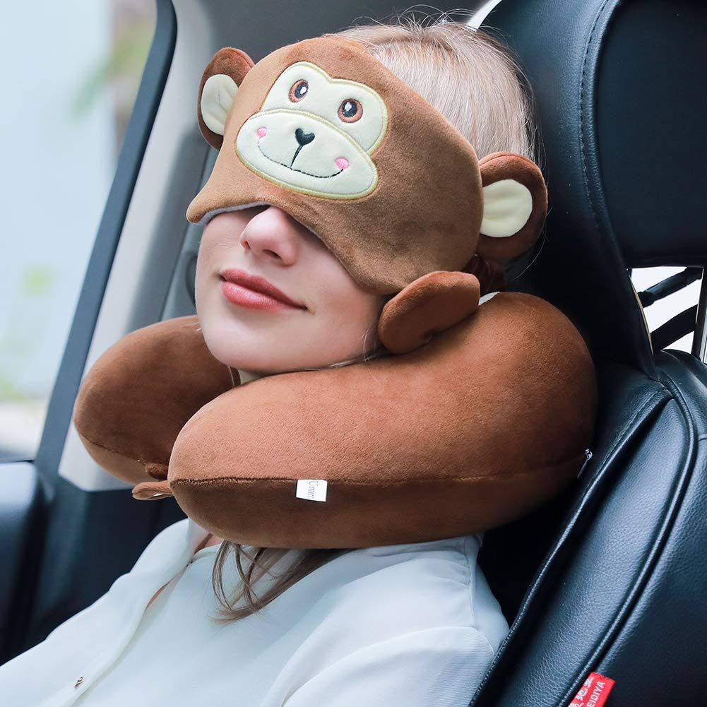 neck pillow with eye mask, (Monkey) Brown