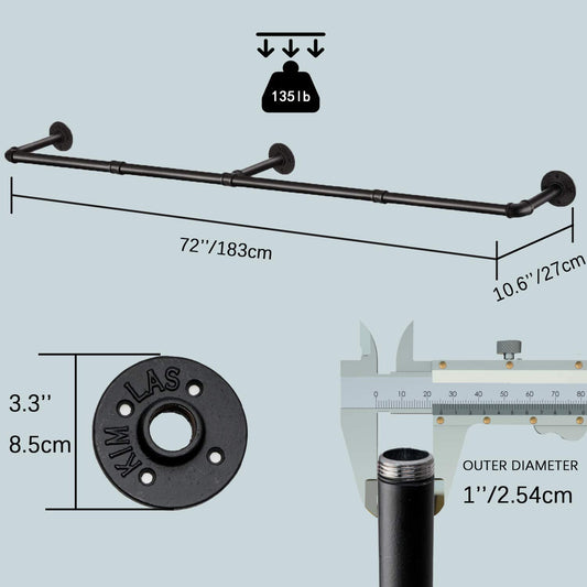 72" Long Coat Rack 135lbs Max Load, Black (2-Pack)