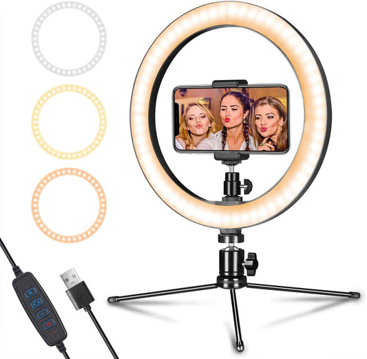 10" tripod ring light with 3 light modes and 10 brightness levels