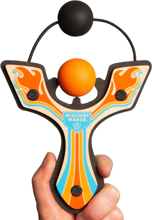 Wooden Slingshot & Foam Ball Racing Toy, (Orange Flames)