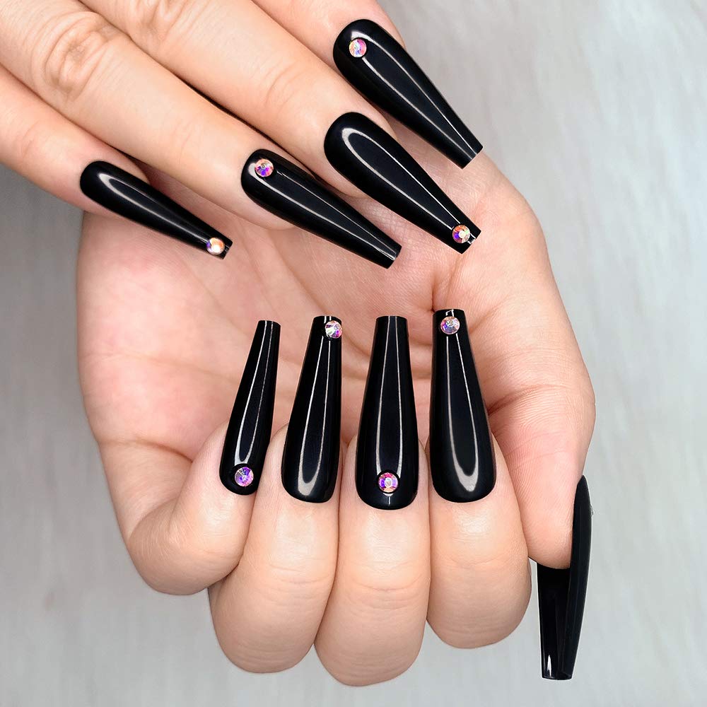 24pcs Black Ballerina Diamond Long Coffin Glossy Fake Nails