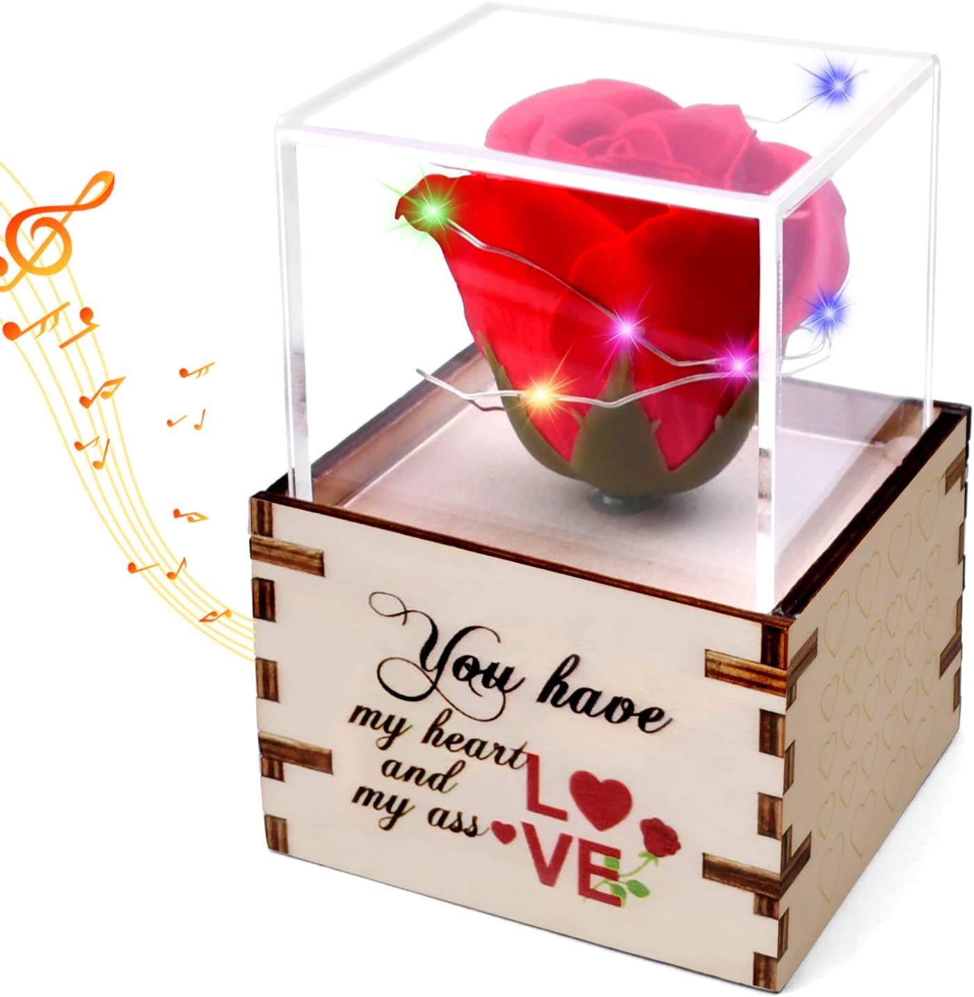 Music box, enchanted red silk rose with 3 LED lights