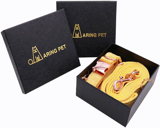 Velvet Pet Collar and Leash Set, Size m, Deep Yellow