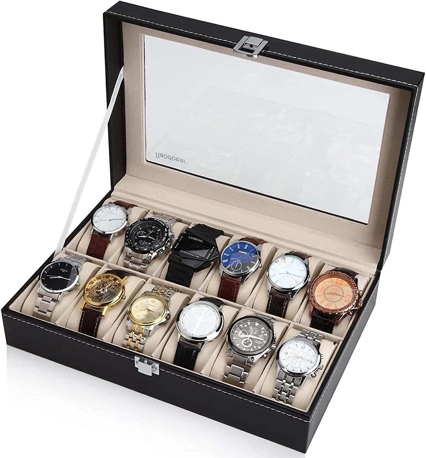 12 Slot Jewelry Organizer with Glass Lid, black